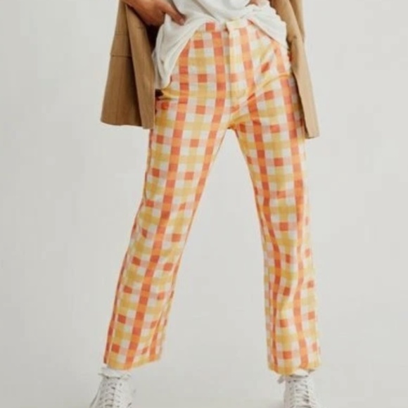 Free People Pants - Free People "She's All That" Yellow/Orange Plaid Summer Pants - Size 12